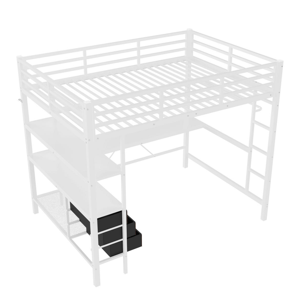 HOCHBETT mit Schreibtisch 140/200 cm in Weiß – mit Treppe, Stauraum und LED - Weiß, Metall (140/200cm) - BEAOK