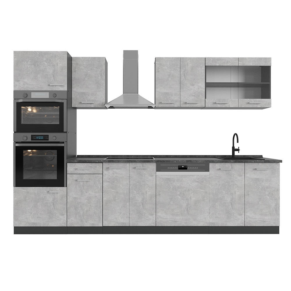 KUHINJSKI BLOK R-Line Beton 300 cm z visoko omaro, DP Antracit - siva/antracit, leseni material (300/81.6/60cm) - Vicco