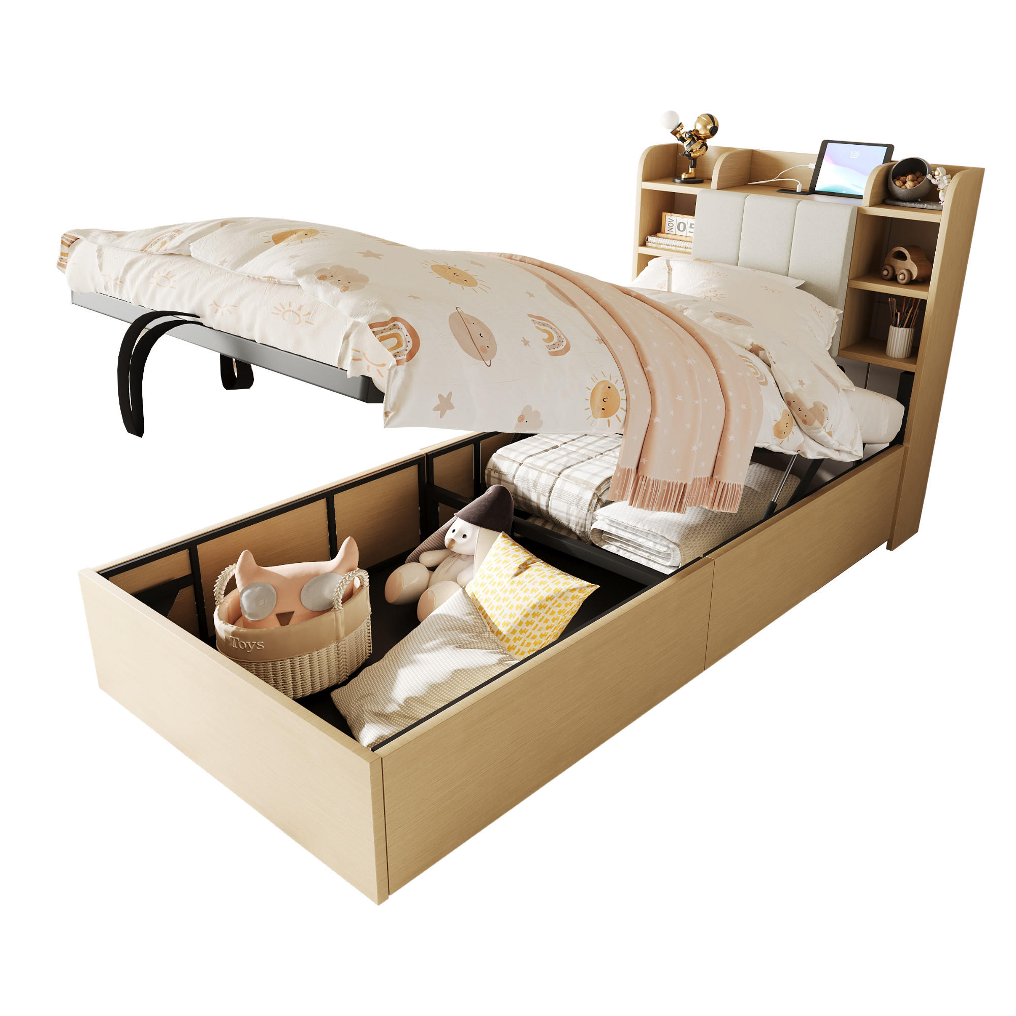 JUGENDBETT 90/200 cm in Naturfarben mit Bettkasten, USB, Type-C und Ablagen - Naturfarben, Holzwerkstoff/Metall (90/200cm) - STILVORA