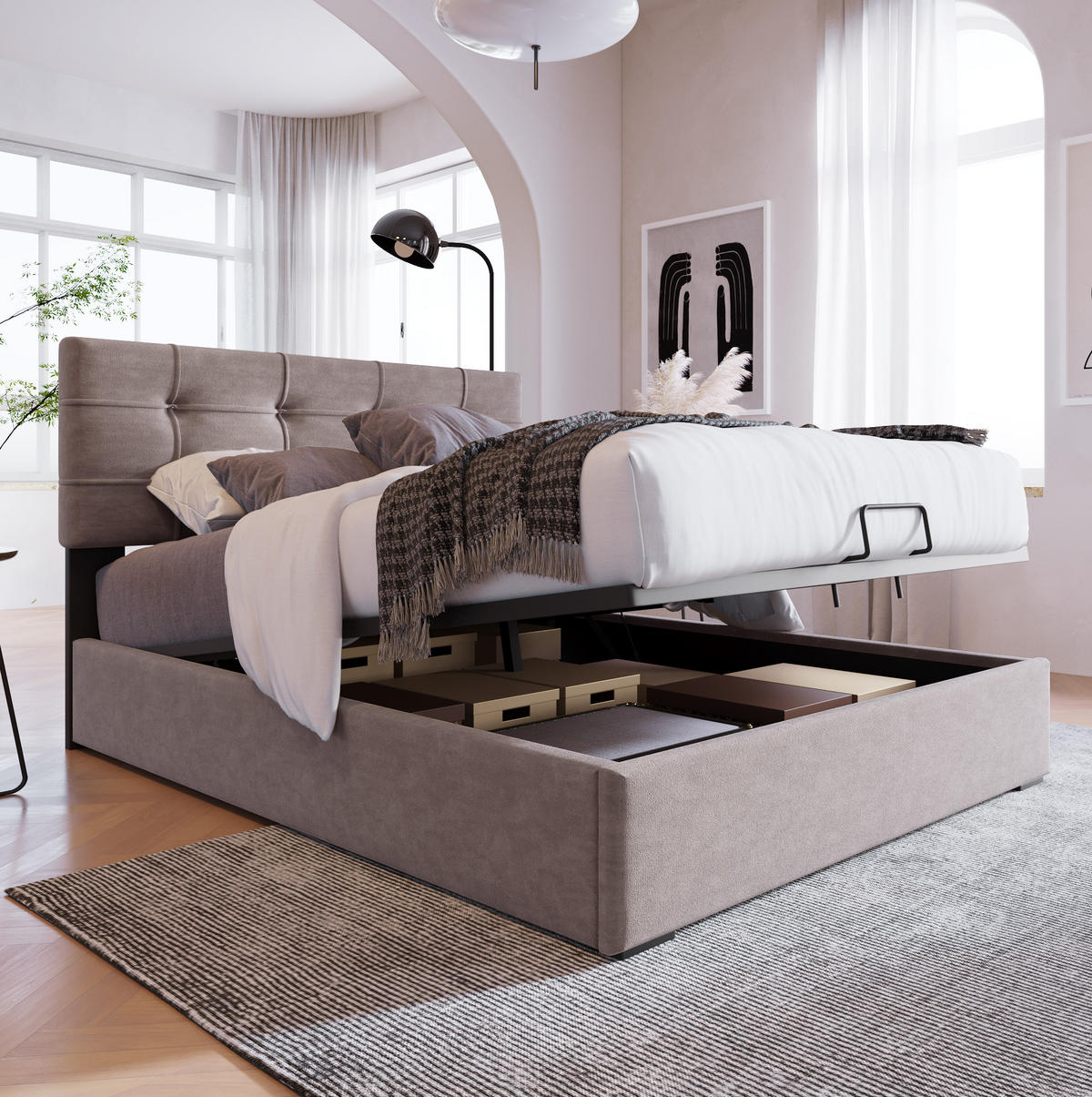 POLSTERBETT aus Samt 90x200 cm Hellgrau mit Bettkasten, verstellbarem Kopfteil und Lattenrost - Hellgrau, Textil (90/200cm) - IVMEU
