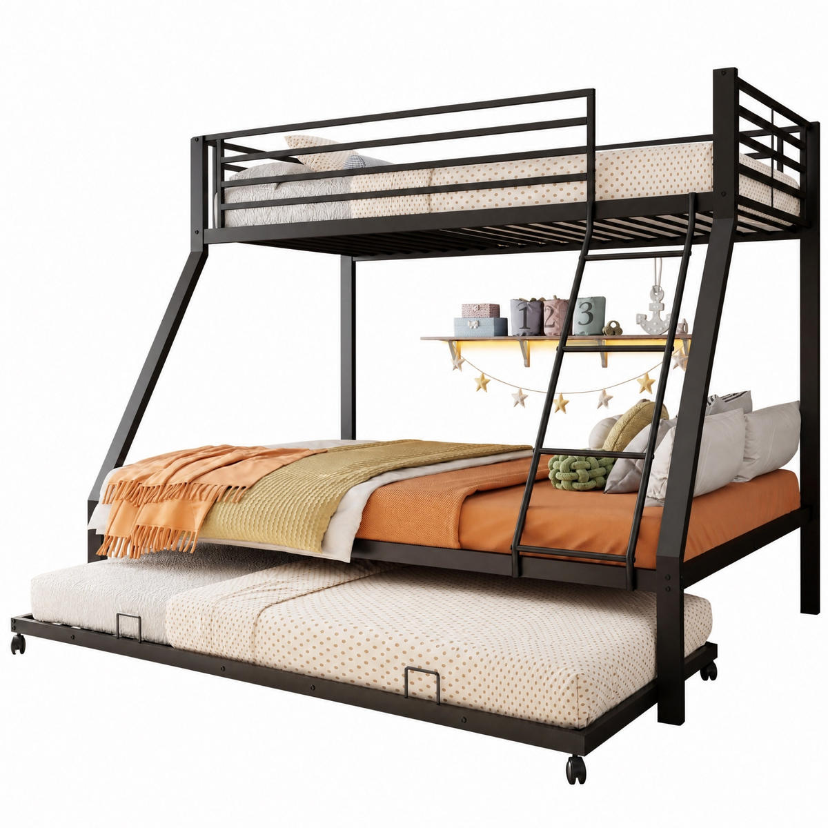 ETAGENBETT 90x200 und 140x200 cm in Schwarz mit Ausziehbett und Schrägleiter - Schwarz, Metall (140/200cm) - IVMEU