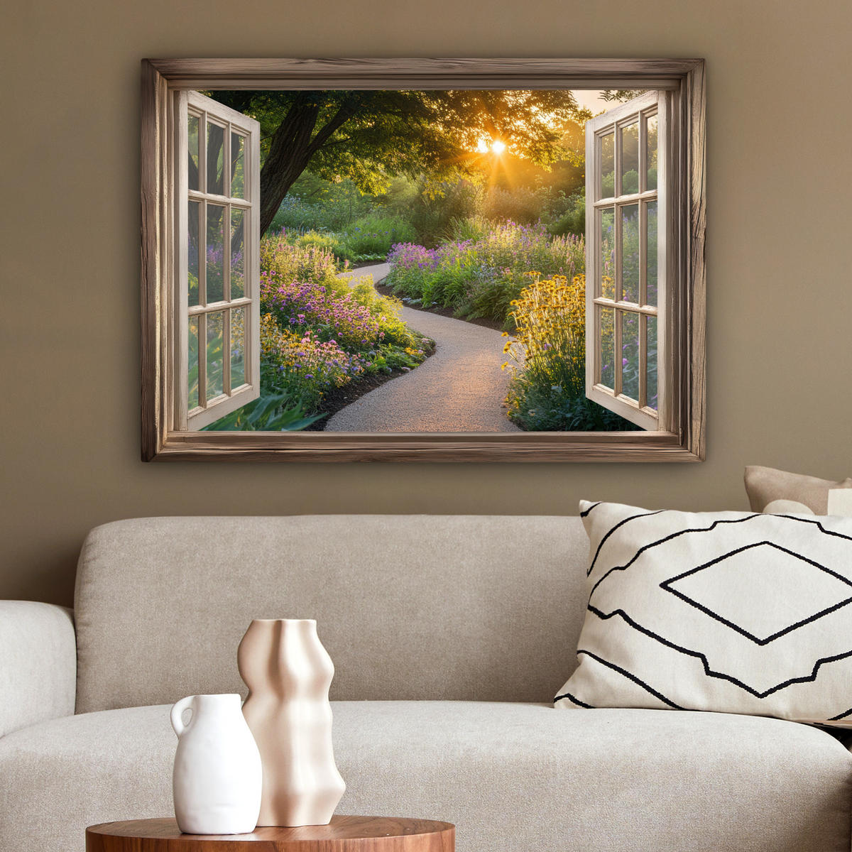 LEINWANDBILD Aussicht - Blumen - Natur - Sonne - Weg Wandbilder 80x60 cm - Hellgelb, Textil (80/60cm) - MuchoWow