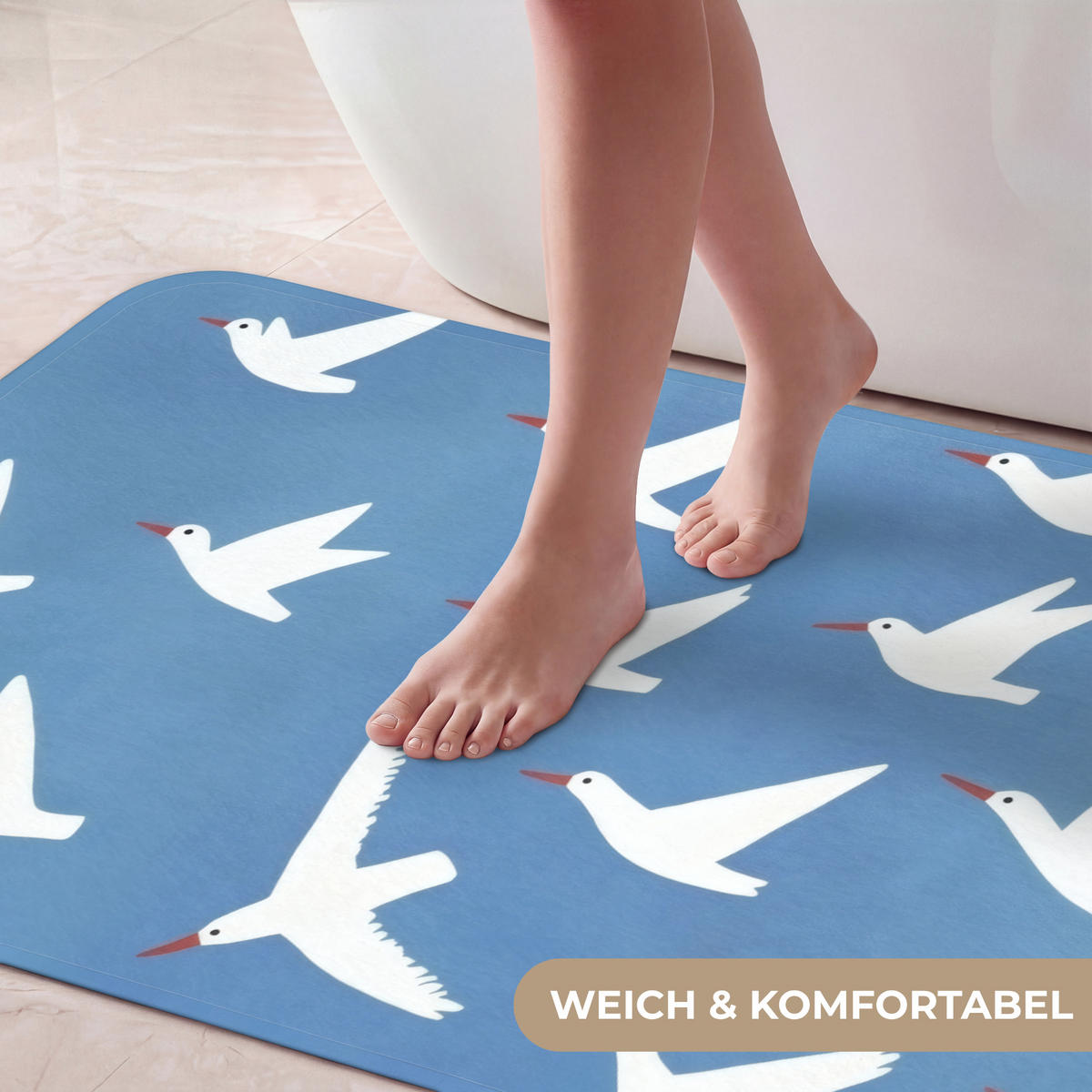 BADEMATTE Vögel - Weiß - Muster 120x60 cm - Blau, Kunststoff/Textil (120/60cm)