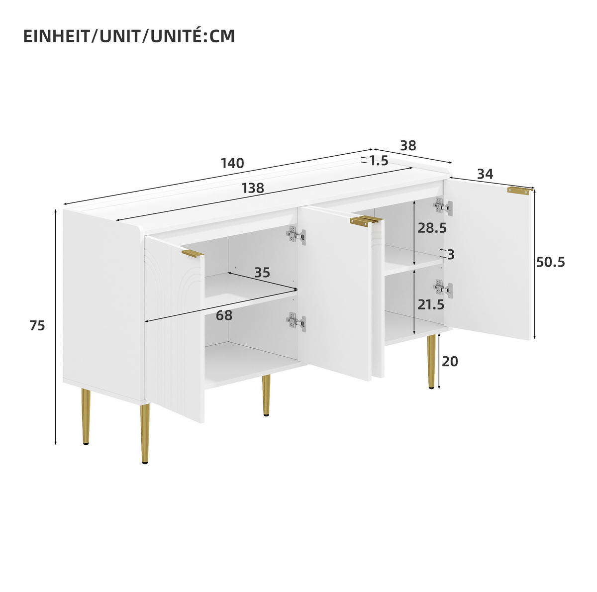 SIDEBOARD aus MDF 140x38x75 cm Weiß mit 4 Türen, verstellbaren Einlegeböden und Soft-Close - Weiß, Holzwerkstoff (140/75/38cm) - IVMEU