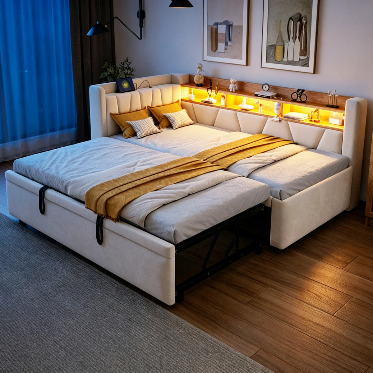 TAGESBETT 90x200/90x190 mit LED, USB/Stauraum, 3-in-1 Funktion, Samt, Beige - Beige, Holz (90/200cm) - LVHOM