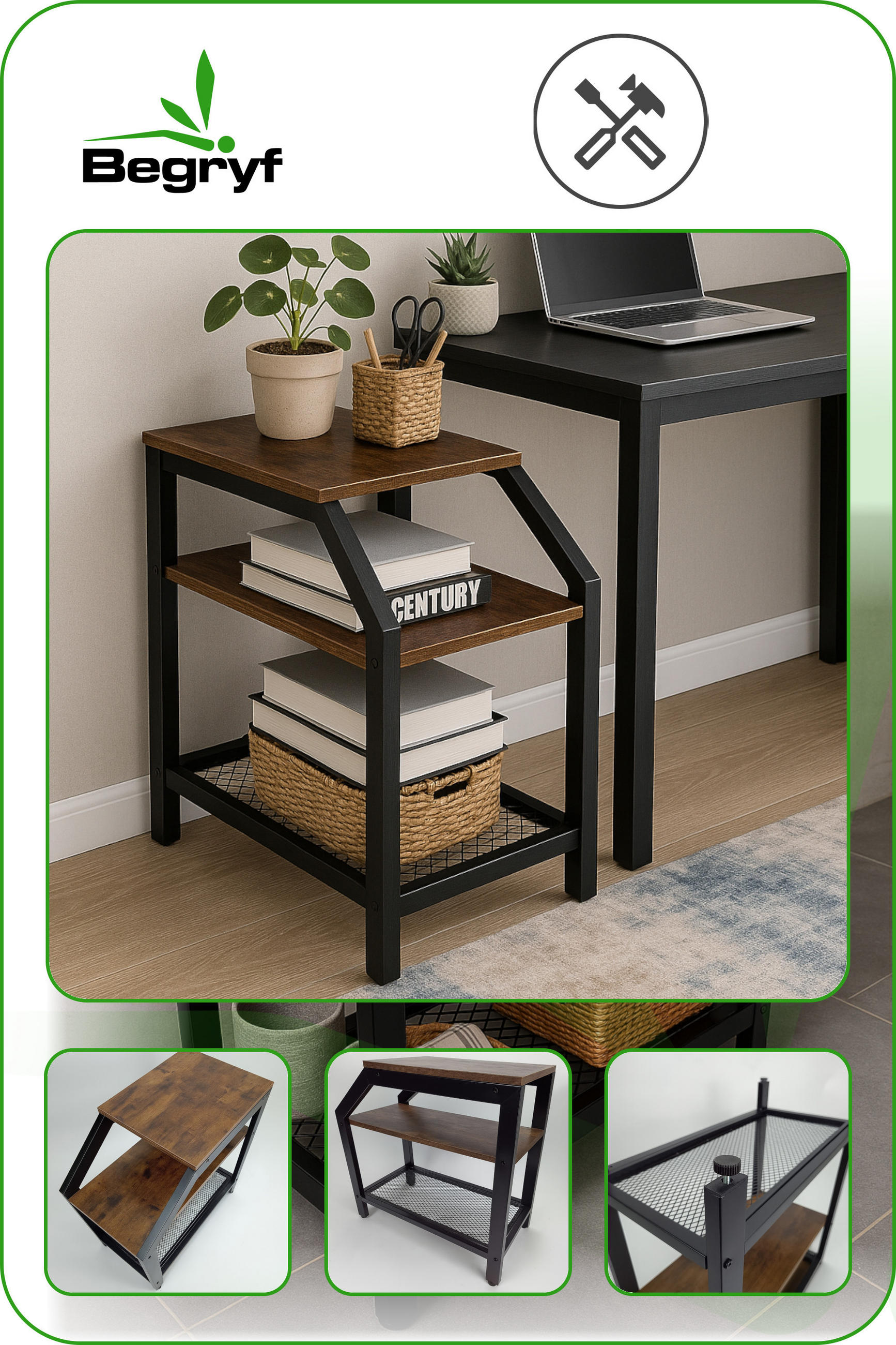 BEISTELLTISCH Metall Holzoptik Dunkelbraun Schwarz 3 Ablagen 59x30x60 cm - Dunkelbraun/Schwarz, Holzwerkstoff/Metall (30/59/60cm) - Begryf