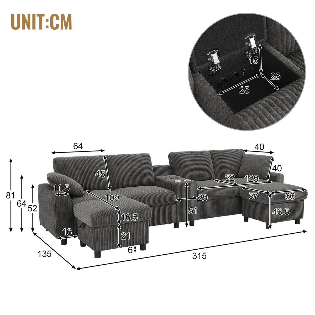 SOFA Grau U-Form Cord Stauraum USB Hocker 315cm Schlaffunktion - Grau, Textil (135/81/315cm) - FLIEKS