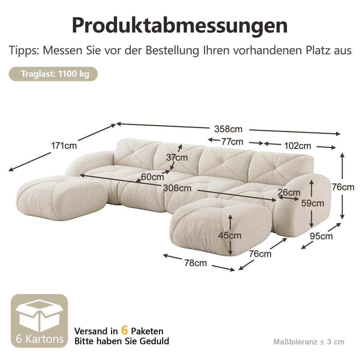 WOHNLANDSCHAFT DE-34276 4-Sitzer mit 2 Hockern Beige - Beige, Textil (171/76/358cm) - ComfortXL