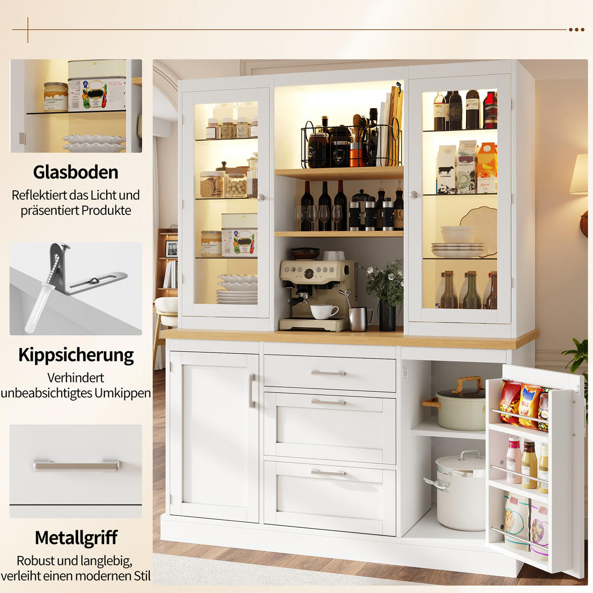 KÜCHENSCHRANK LED App 185x140x40Cm Arbeitsplatte - Weiß, Holzwerkstoff (140/185/40cm) - FLIEKS