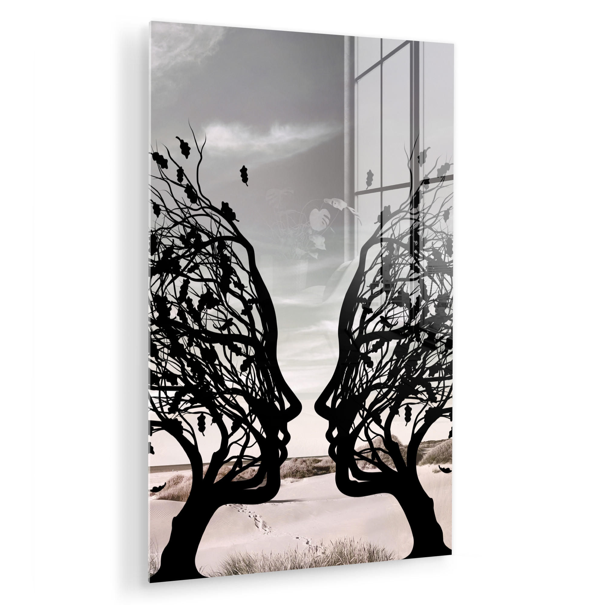ACRYLGLASBILD Strand - Meer - Menschen - Baum - Moderne Kunst 40x60 cm - Hellgrau, Glas (40/60cm) - MuchoWow