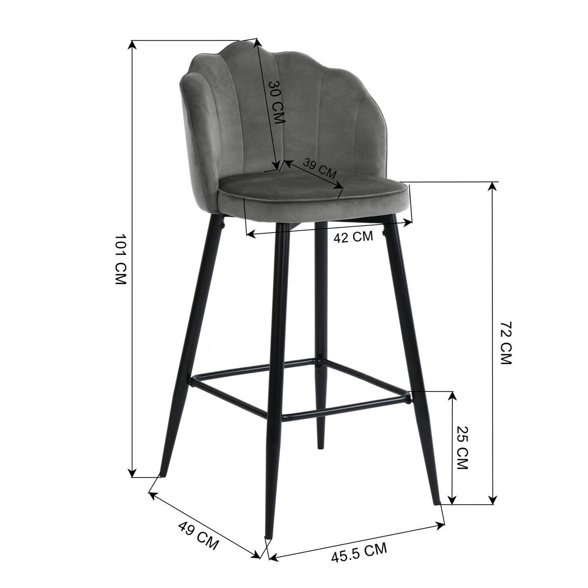 BARHOCKER 2er-Set Metallfüße, Schwamm, Samt, grau - Schwarz/Grau, Metall (50/101/55cm) - Urban Meuble