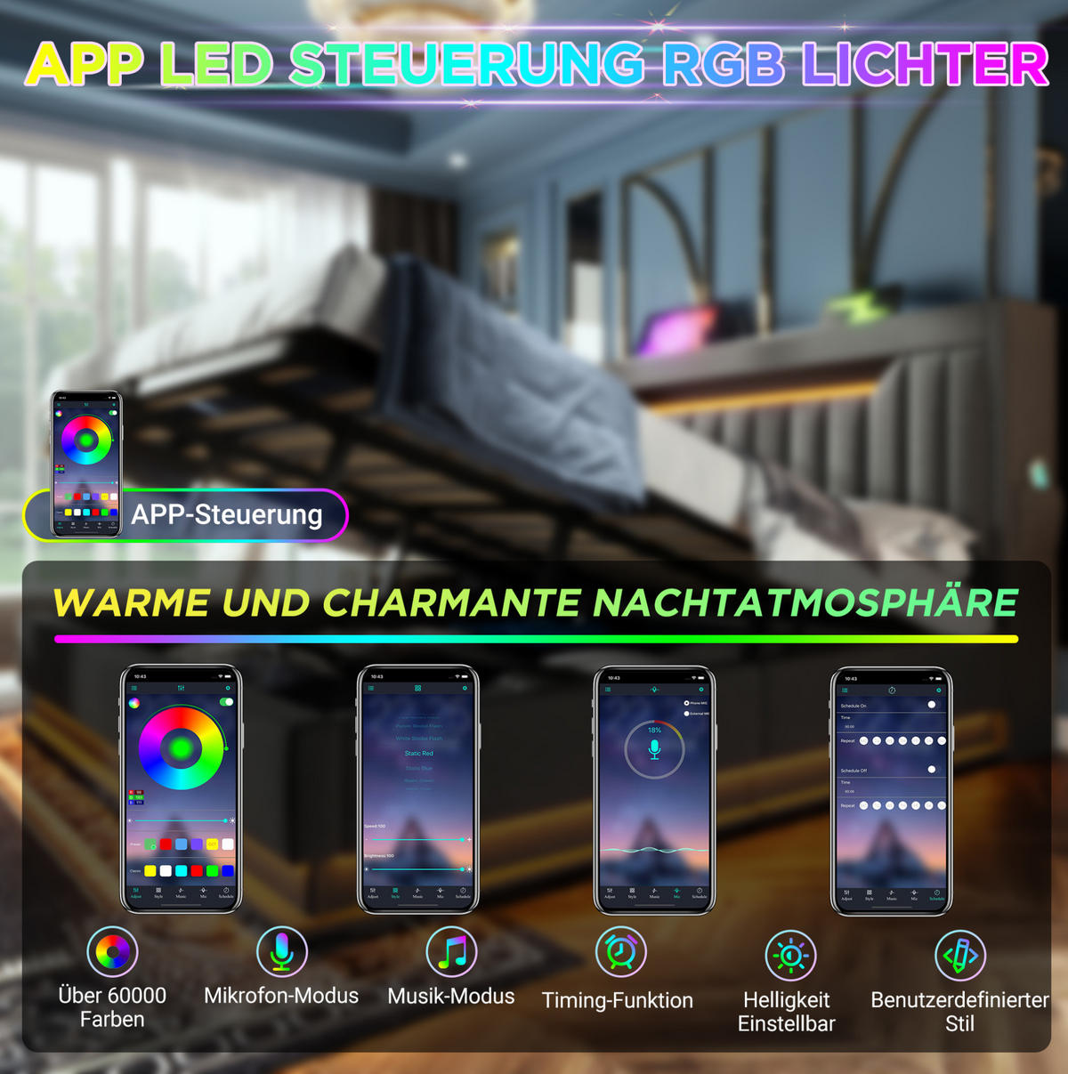 POLSTERBETT 180/200 cm mit LED, USB-C, Stauraum-Kopfteil und hydraulischem Bettkasten, Leinen, Grau - Grau, Textil (180/200cm) - Redom