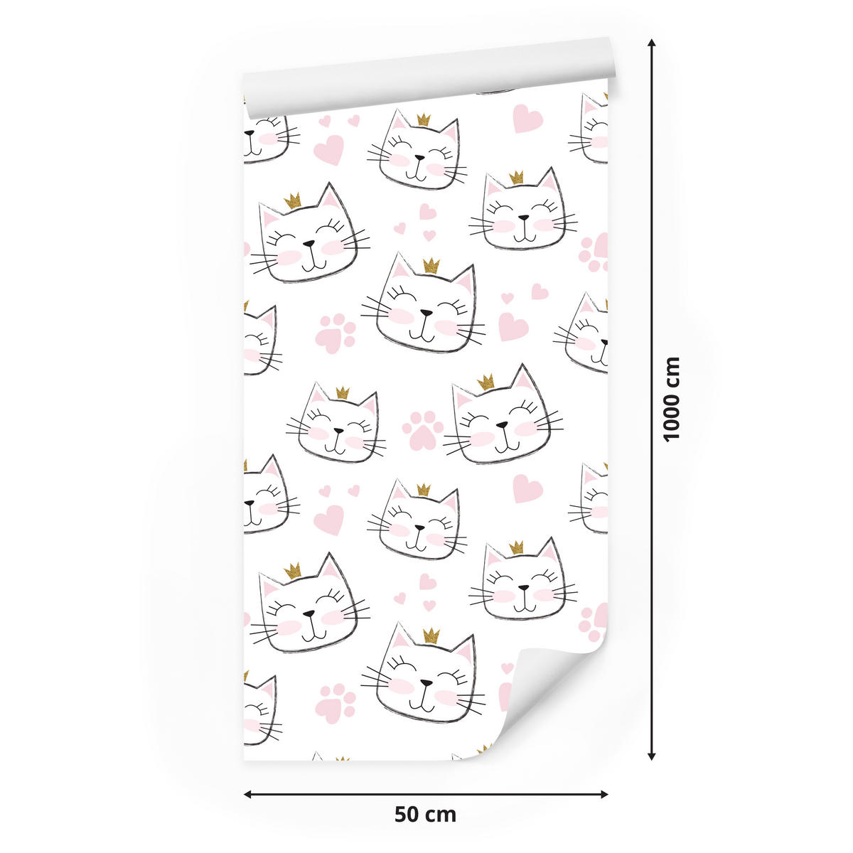 VLIESTAPETE Katzen mit Kronen und Herzen – Rosa, Grau, Weiß – 50x1000 cm - Rosa/Weiß, Papier (50/1000cm) - Muralo