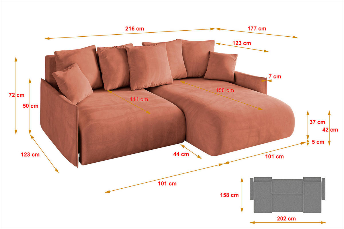 ECKSOFA Ottomane rechts ONESK-L -v1 216x177x72 Apricot Velours - Koralle, Holzwerkstoff/Kunststoff (177/216cm) - ALTDECOR