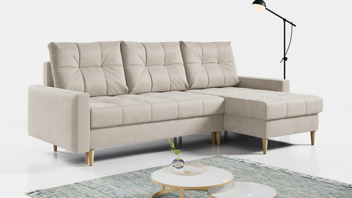 ECKSOFA Astra Beige Velvet - Beige/Braun, Holz/Textil (220/140cm) - MKS