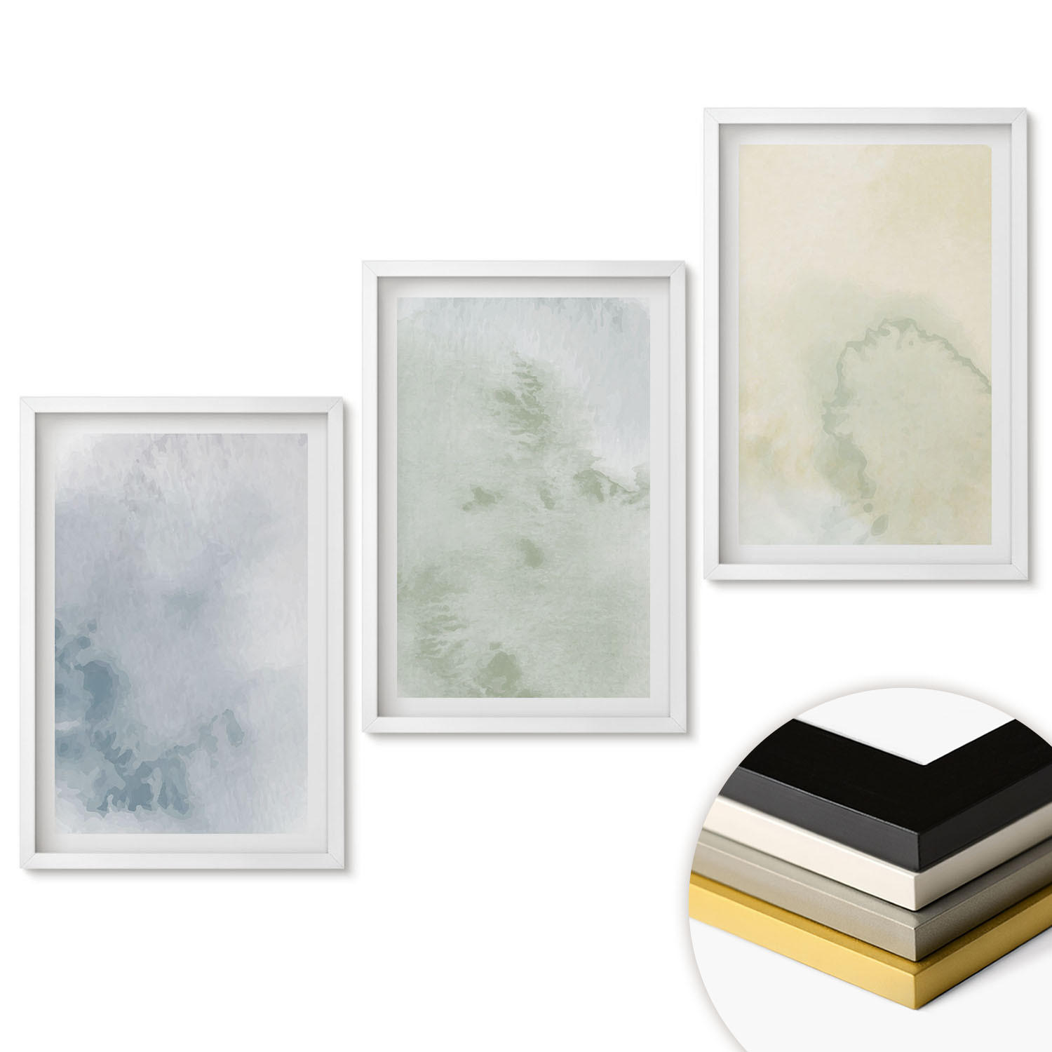 WANDBILDER 3er-Set - 40x60 cm Weißer Rahmen - Pastellfarben auf Leinwand - Weiß, Kunststoff (40/60cm) - ArtPrintCave