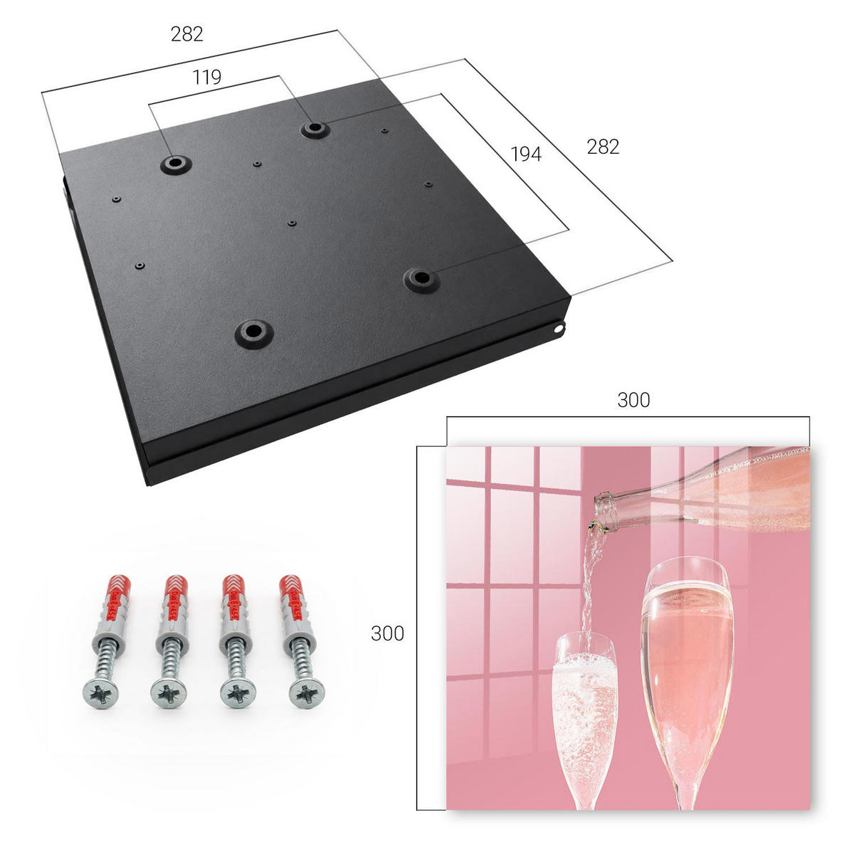 SCHLÜSSELBOX Schwarz 30x30 cm- Türöffnung nach rechts - Champagnergläser - Pink, Metall (30/30/5cm) - TULUP