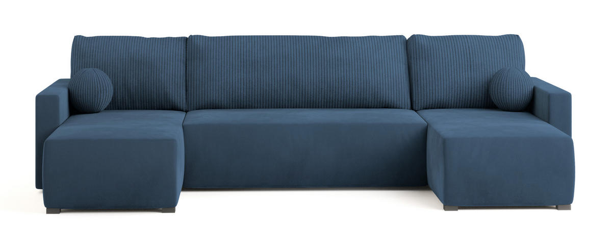 WOHNLANDSCHAFT TESSUN Blau Plüsch-Stoff mit Schlaffunktion - Blau, Holz (286/85/143cm) - MASSENO