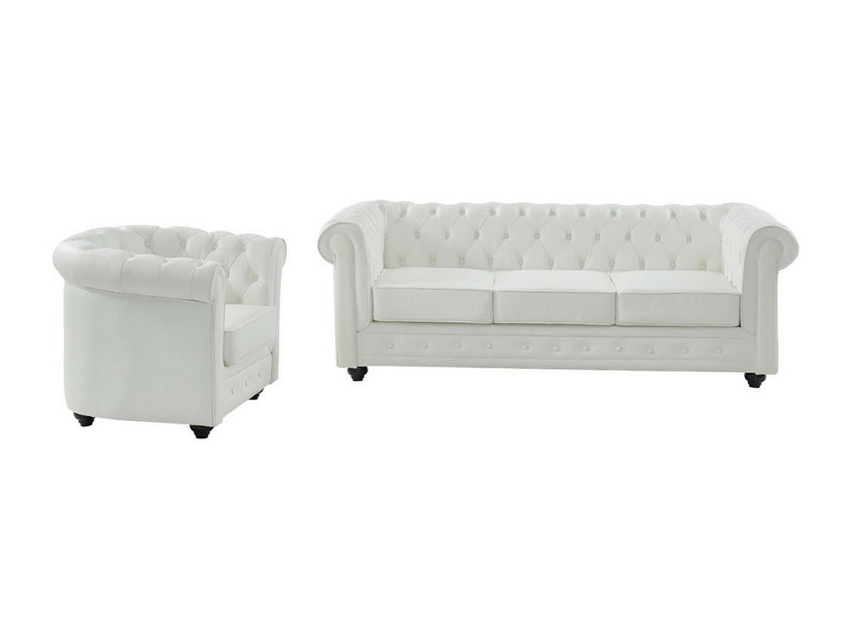 LEDERSOFA 3-Sitzer + Ledersessel - Büffelleder - Weiß - CHESTERFIELD - Weiß, Leder (205/72/88cm) - Vente-Unique