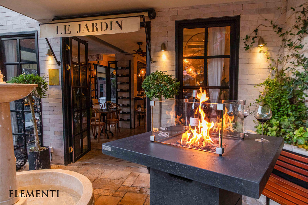 FEUERTISCH MONTREALl Bartische aus GF-Beton - 2-tlg. Set inkl. Glasumrandung - Dunkelgrau, Naturmaterialien (87/106/87cm) - Elementi