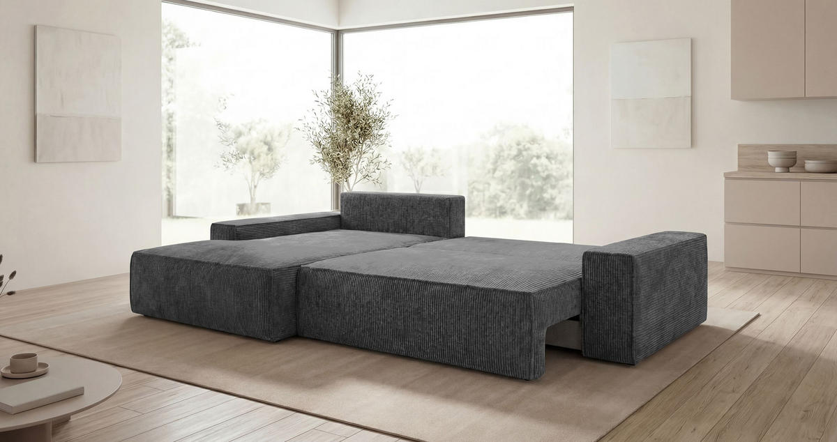 ROHOVÁ pohovka VERONA levá tmavě šedá manšestr Poso 60 - funkce spaní, úložný prostor - antracitová, textil (280/185cm) - Cornero