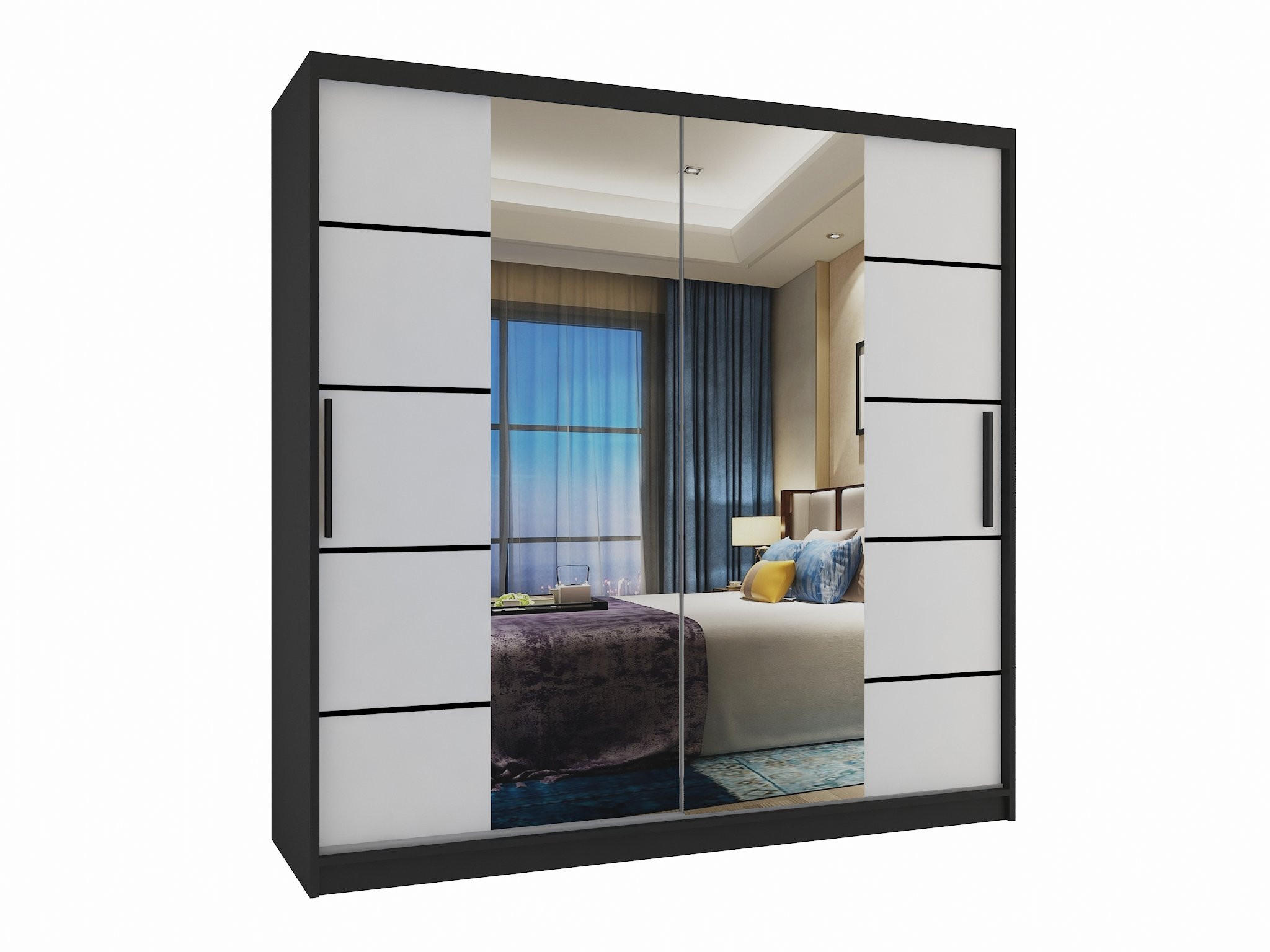 SCHWEBETÜRENSCHRANK Verona ME, Schwarz/Weiß Matt, 200 cm, mit Spiegel & Schubladen - Weiß, Holz (200/216/60cm) - B BELINI GROUP