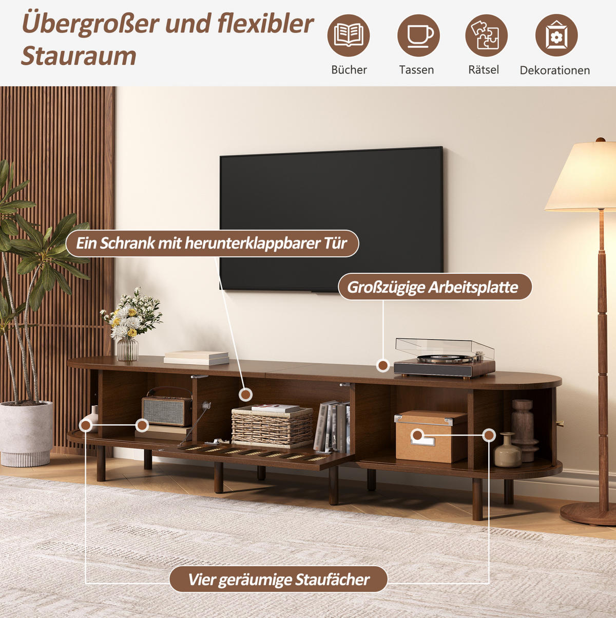 TV skrinka 180/40/40 cm tmavý orech z MDF s ratanovým vzhľadom a roletovými dvierkami - hnedá, kompozitné drevo (180/40/40cm) - OKWISH