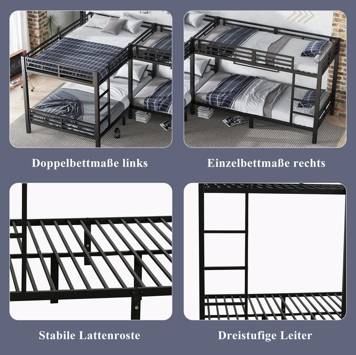 ETAGENBETT Schwarz 90/200 cm und 140/200 cm mit dreistufiger Leiter - Schwarz, Metall (140/200cm) - MIVRAY