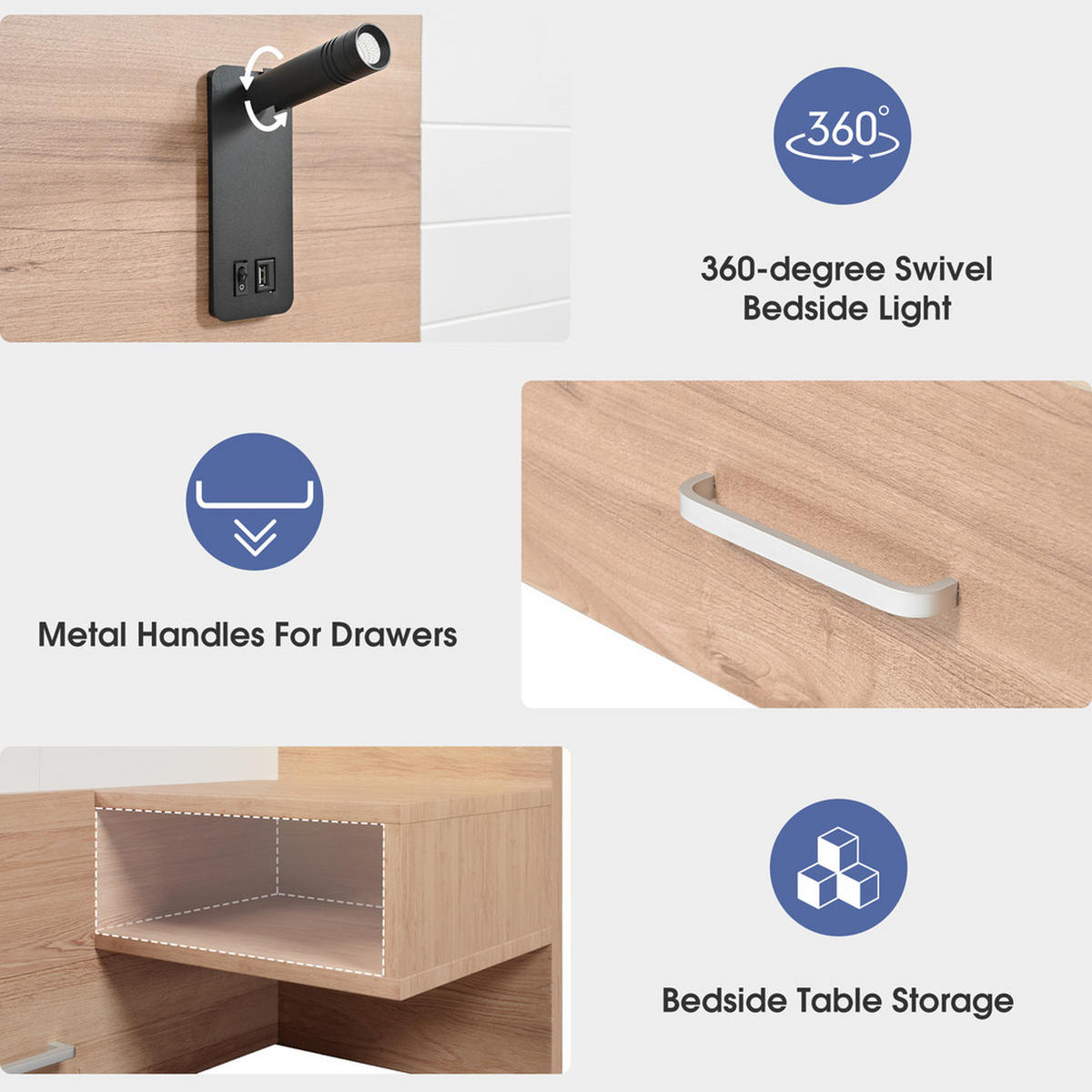 DOPPELBETT 160x200cm Holzbett Leselicht USB-Ladung 2 Schubladen Eiche-Weiß - Weiß, Holz (160/200cm) - FLIEKS