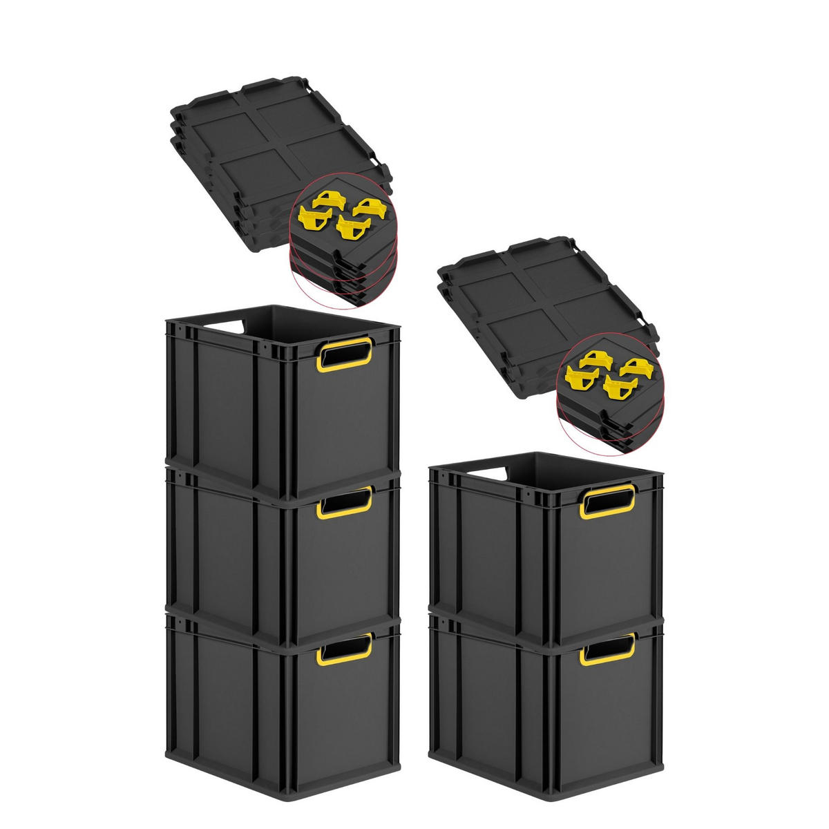 EUROBOX 5x NextGen Color mit Auflagedeckel 32x30x40 cm 30 Liter Schwarz Griffe gelb offen - Gelb/Schwarz, Kunststoff (30/32/40cm) - PROREGAL