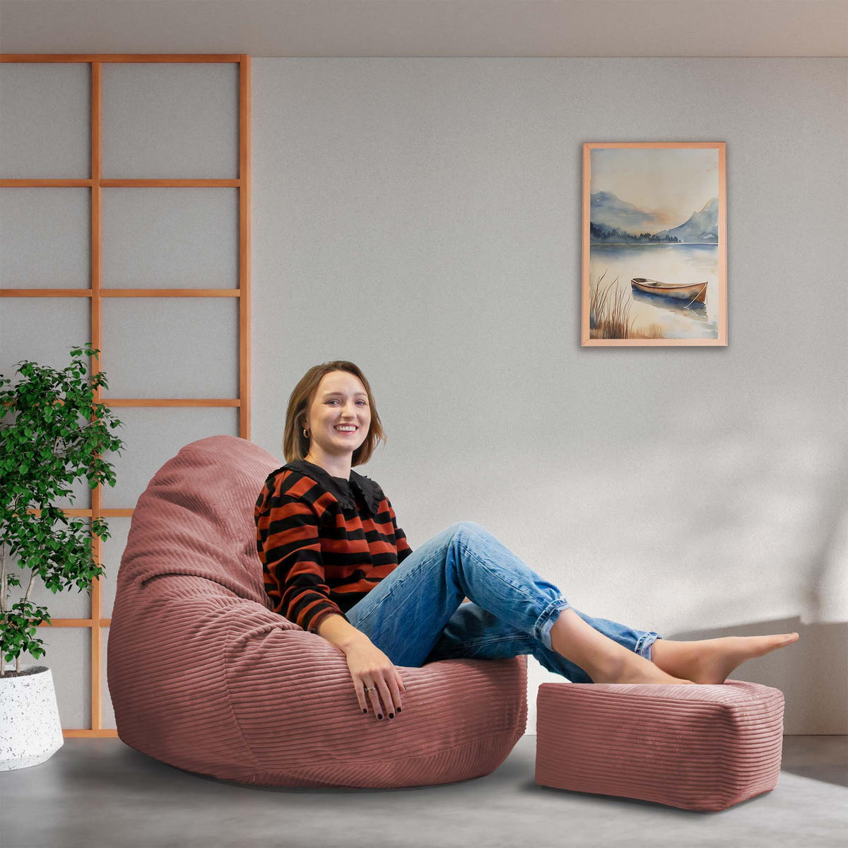 SITZSACK PARADISE MIT FUßSTÜTZE Kordsamt 2-tlg Ginger Spice M - Pink/Cognac, Textil (90/100/90cm) - Dreamroots