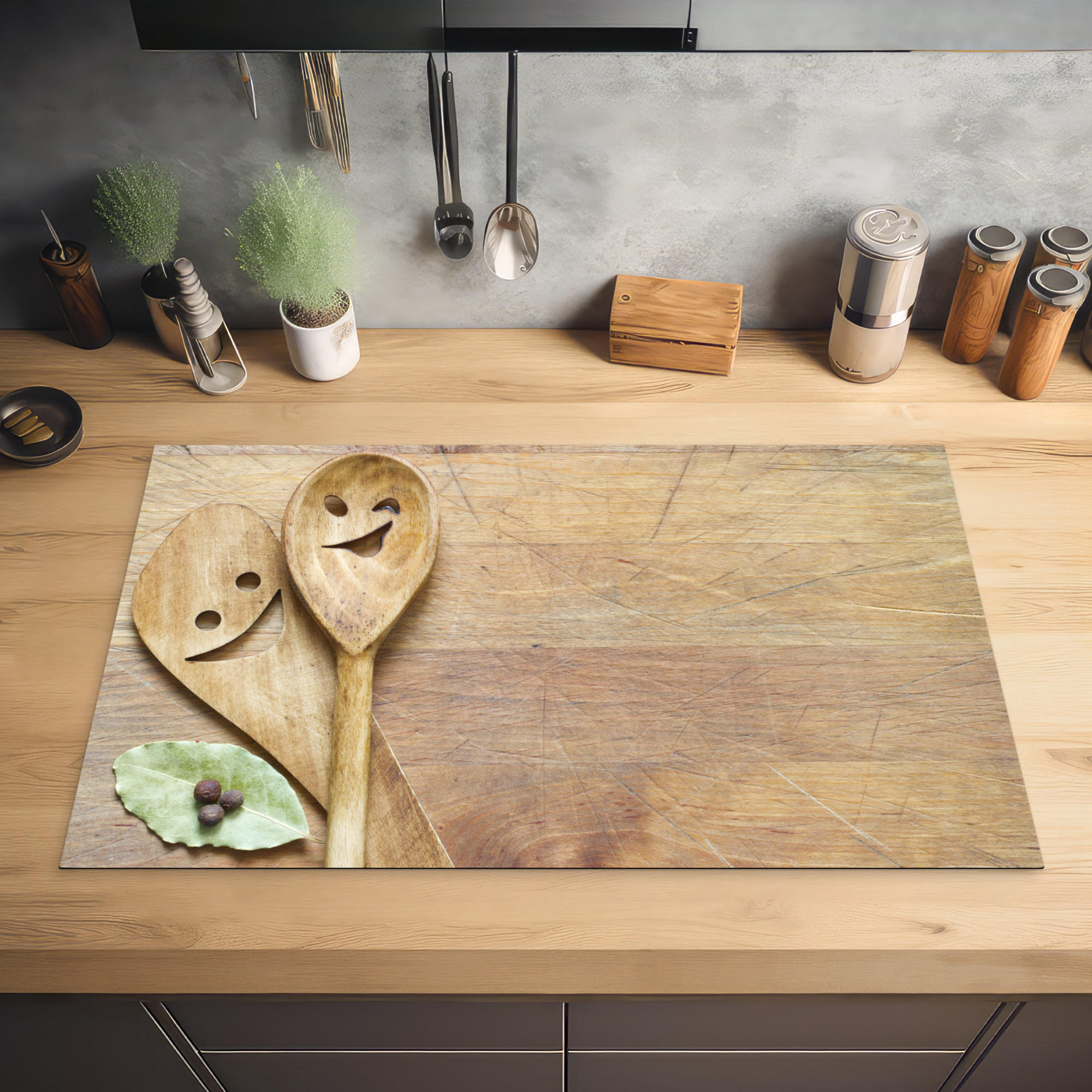 HERDABDECKPLATTE Holz - Löffel - Braun - Smiley 83x51 cm - Hellbraun, Kunststoff (83/0.2/51.5cm) - MuchoWow