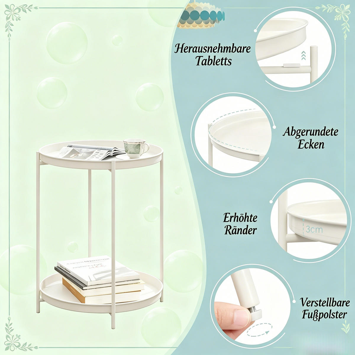 BEISTELLTISCH Cream White mit 2 Ablagen 44/44/53 cm - Creme, Metall (44/44/53cm) - PANGIVO