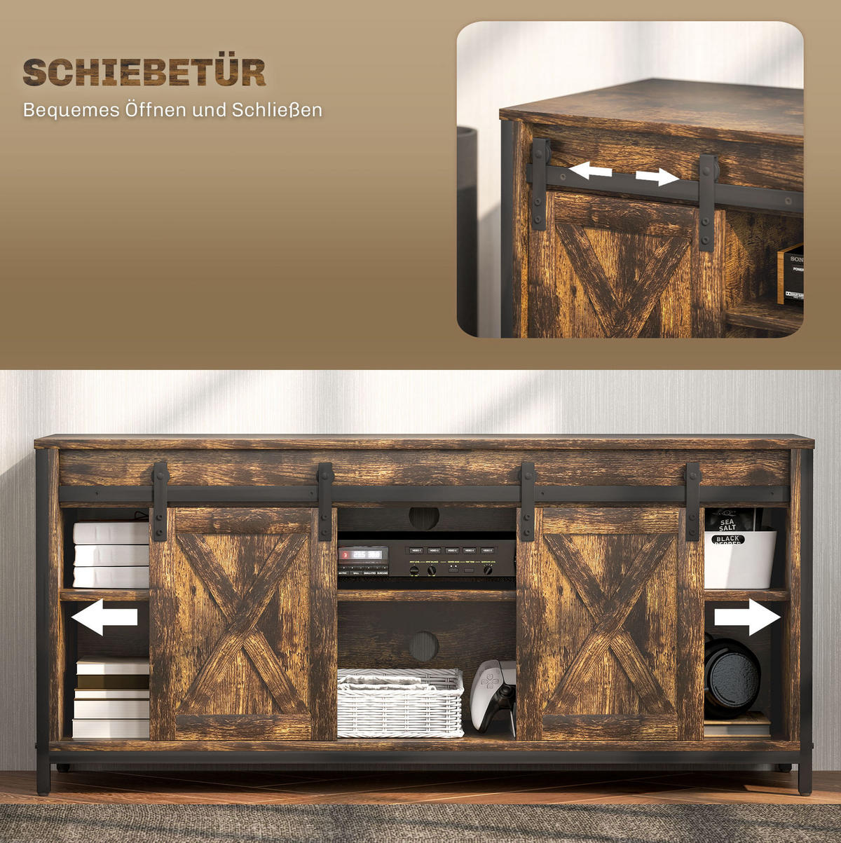 LOWBOARD 120/40/54 cm in Braun mit Schiebetüren und Kabelmanagement - Braun, Holzwerkstoff (120/54/40cm) - Flora Grace