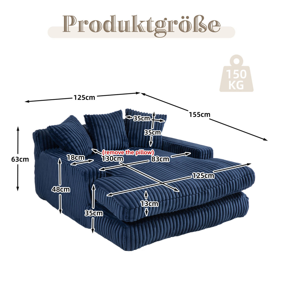 BIGSOFA 125/155/63 cm in Marineblau aus Cord mit Chaiselongue-Charakter - Dunkelblau, Textil (63/125/155cm) - BEAOK