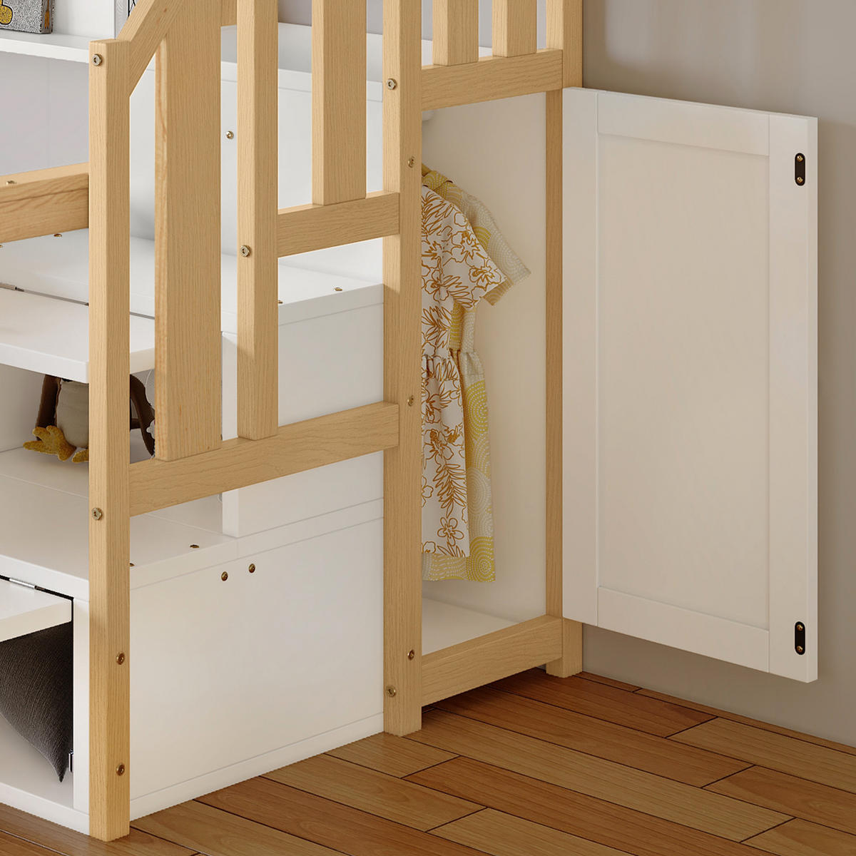 ETAGENBETT 90/200+120/200+90/190 mit Rollbett und Stauraumtreppe in Weiß und Natur - Naturfarben, Holz (90/200cm) - EVRYAE