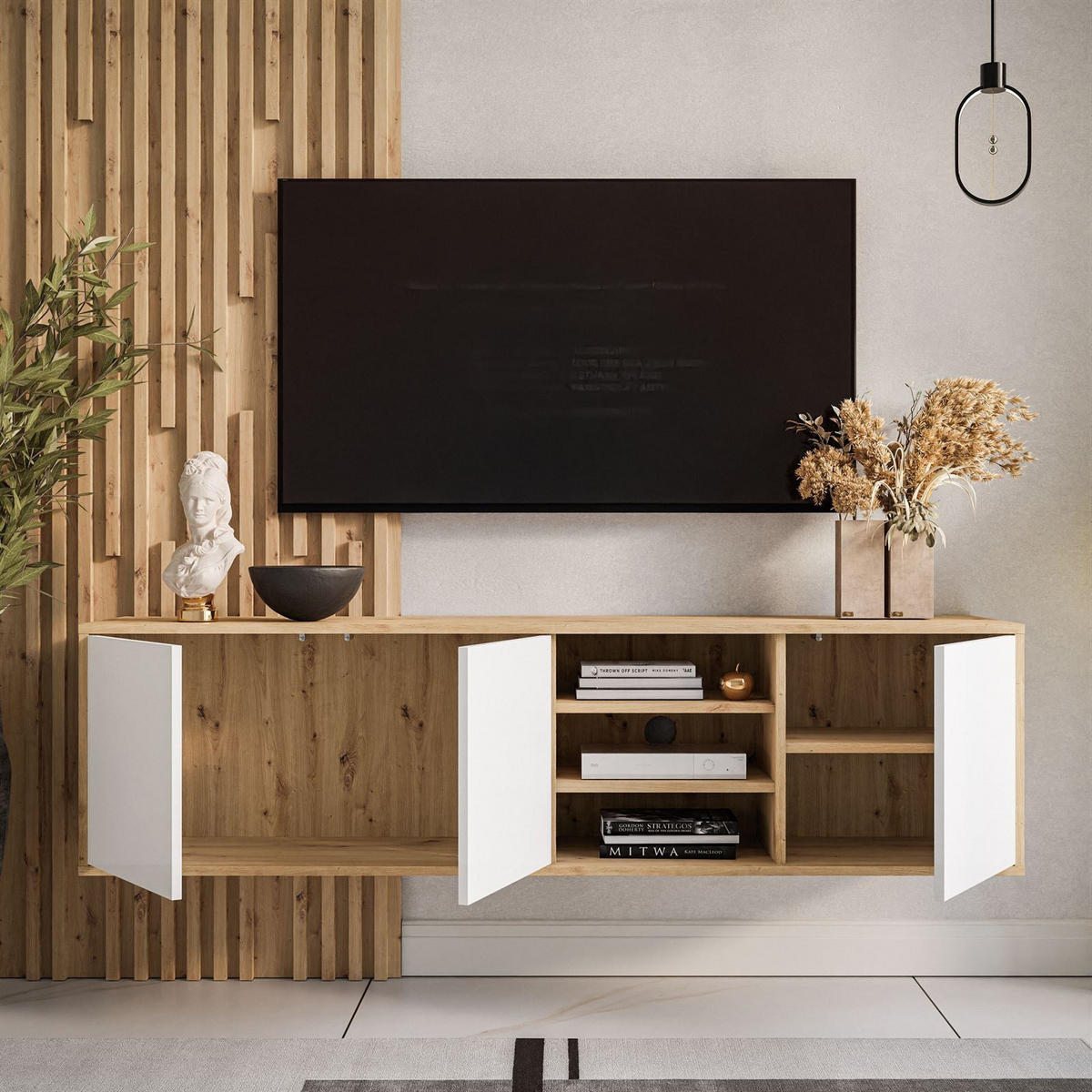 TV-ELEMENT SANAYI Hängend mit Regalen Eiche Artisan/Weiß - Weiß, Holzwerkstoff (156/41/38cm) - Lookway
