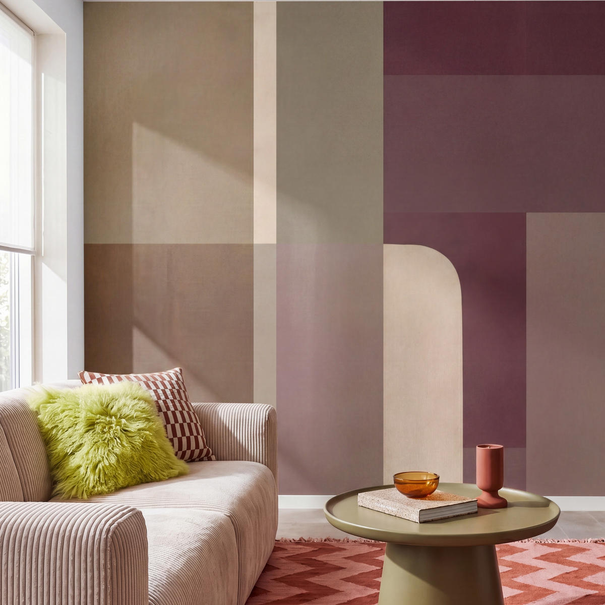 TAPETE - Unis - Abstrakt - Bordeaux - Linien - 280x280 cm - Multicolor, Papier (280/280cm) - OnlyWow