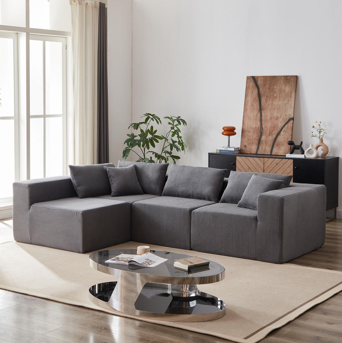 ECKSOFA 264/167/71 cm grau aus Cord und Schaumstoff ohne Montage - Grau, Textil (167/264cm) - OKWISH