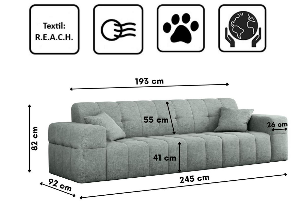 SOFA 3 Sitzer NIMES Stoff Perfect Harmony Mintz - Mintgrün, Holz (245/82/92cm) - Kaiser Möbel
