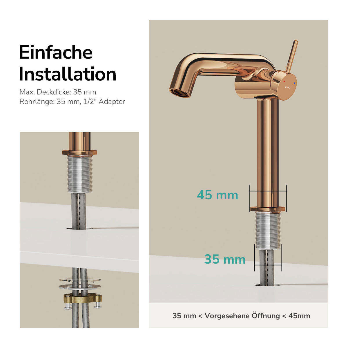 WASCHTISCHARMATUR Ventilkernzertifizierung Rosengold 15cm - Roségold, Metall (20/7.6/22.2cm) - EMKE