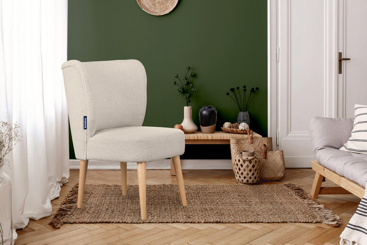 COCKTAILSESSEL APPA auf hohen Beinen aus Buche, aus recyceltem Boucle-Stoff, Ecru/Buche Dekor - Ecru/Buchefarben, Holz/Textil (63/89/65cm) - KONSIMO®
