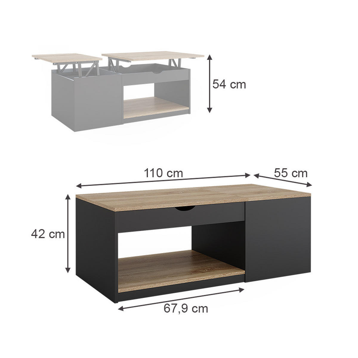 COUCHTISCH Avela Schwarz 110 x 110 cm - Schwarz/Sonoma Eiche, Holzwerkstoff (110/55/54cm) - Vicco