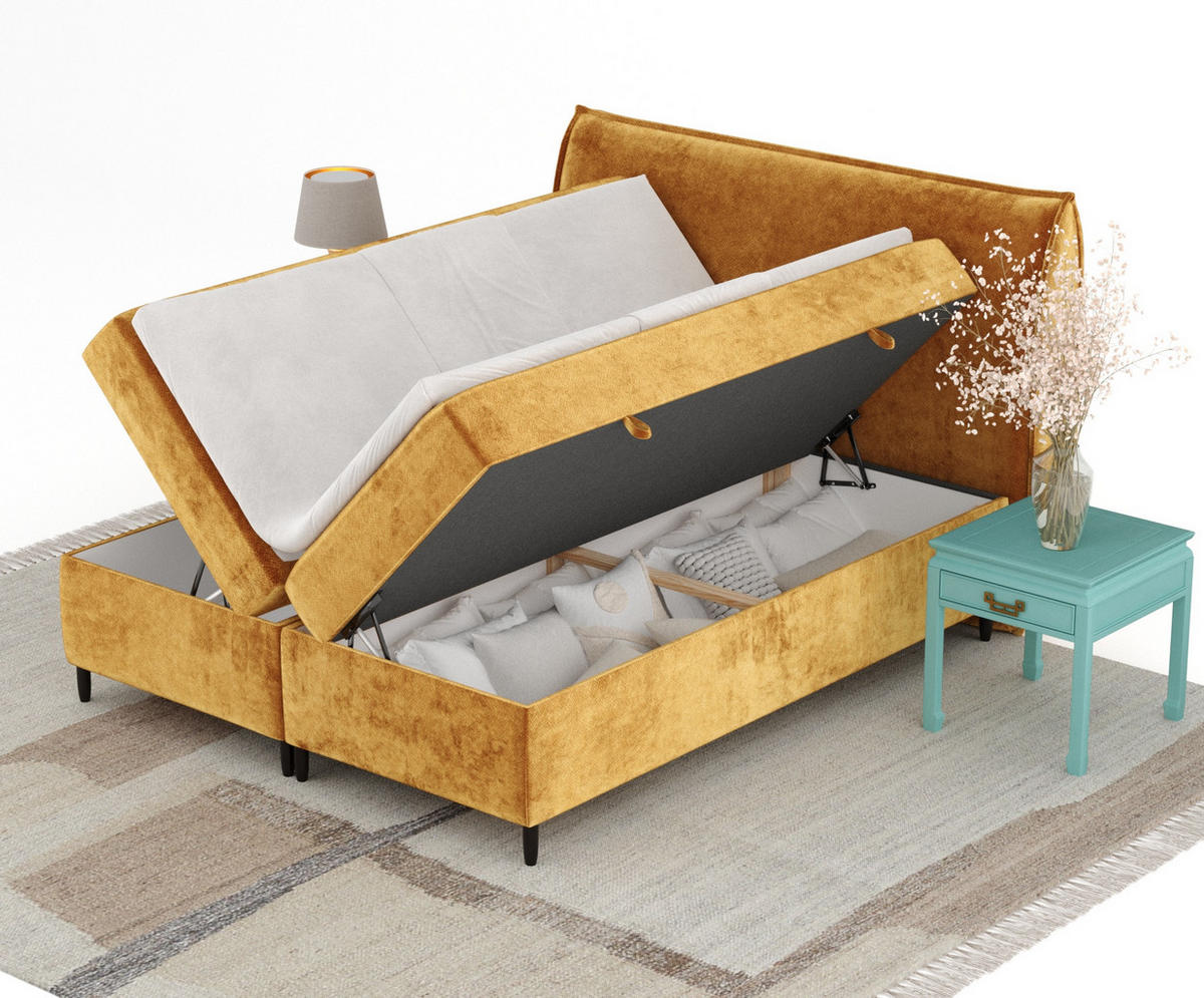 BOXBETT 200/200 cm Corvus, in Honigfarbe, Matratze, Topper, Bettkasten, H4 = sehr fest - Schwarz/Honig, Holz/Holzwerkstoff (200/200cm) - Maison de Reve
