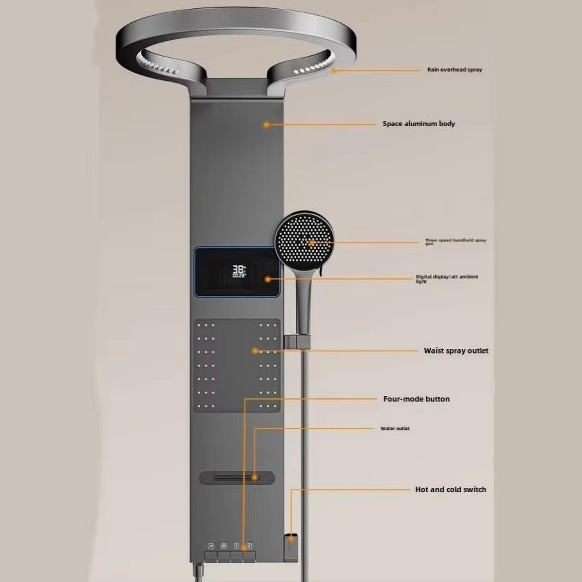 ÜBERKOPFBRAUSESET LED Digitalanzeige Wasserfall - Dunkelgrau, Metall (48.5/105.45/60.7cm) - Bextcok