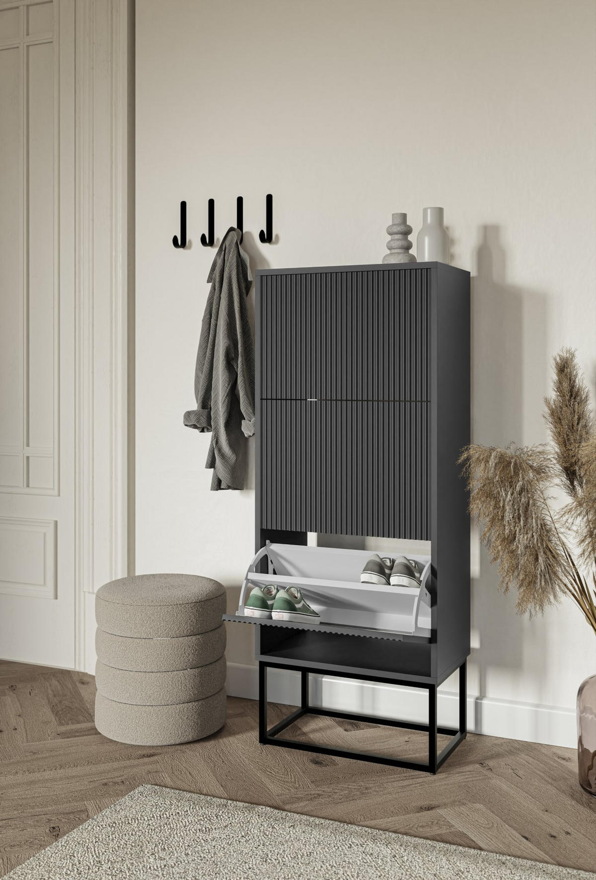 SCHUHSCHRANK Veldio mit 3 Klappen Schwarz mit schwarzem Metallgestell 50 cm - Schwarz, Holzwerkstoff/Metall (50/125/30cm) - Selsey