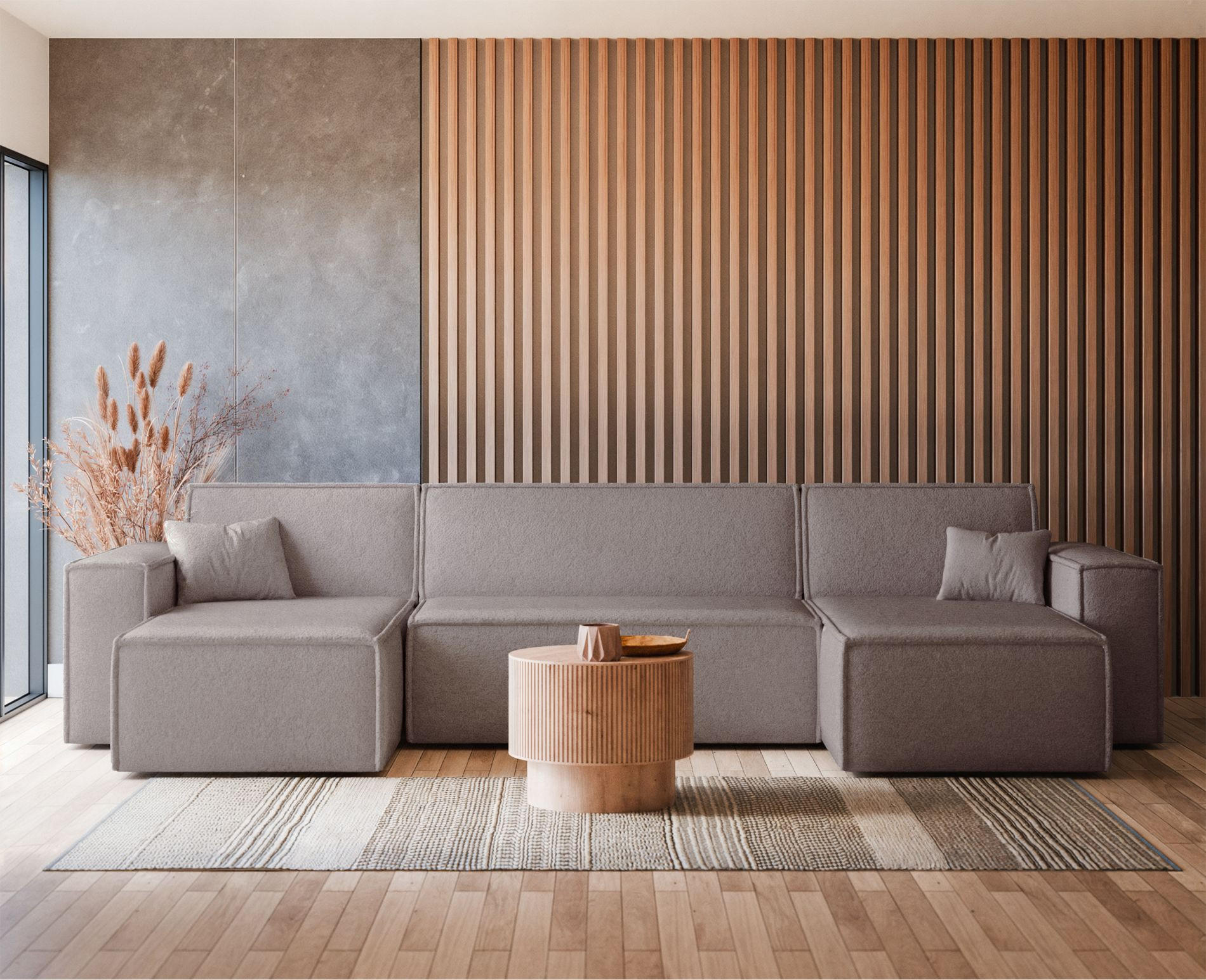 WOHNLANDSCHAFT Scarlo Hellbraun Bouclé-Bezug - Hellbraun/Schwarz, Kunststoff/Textil (312/83/145cm) - Selsey