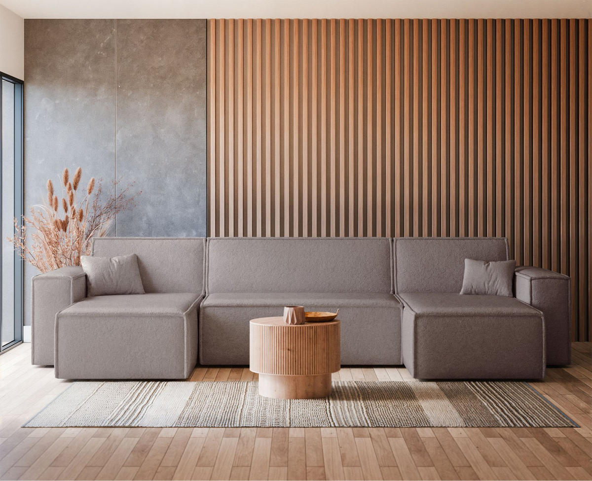 WOHNLANDSCHAFT Scarlo Hellbraun Bouclé-Bezug - Hellbraun/Schwarz, Kunststoff/Textil (312/83/145cm) - Selsey