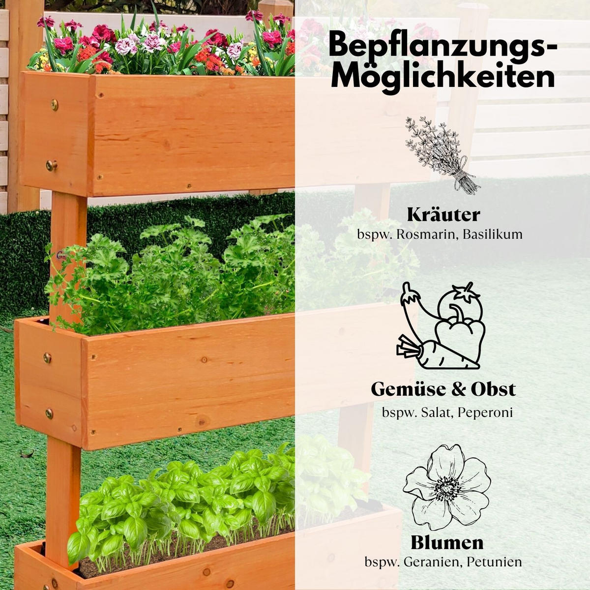HOCHBEET Kleines Vertikalbeet 3 Etagen inkl. Pflanzfolie 75/30/75 cm - Naturfarben, Holz (30/75/75cm) - Coemo