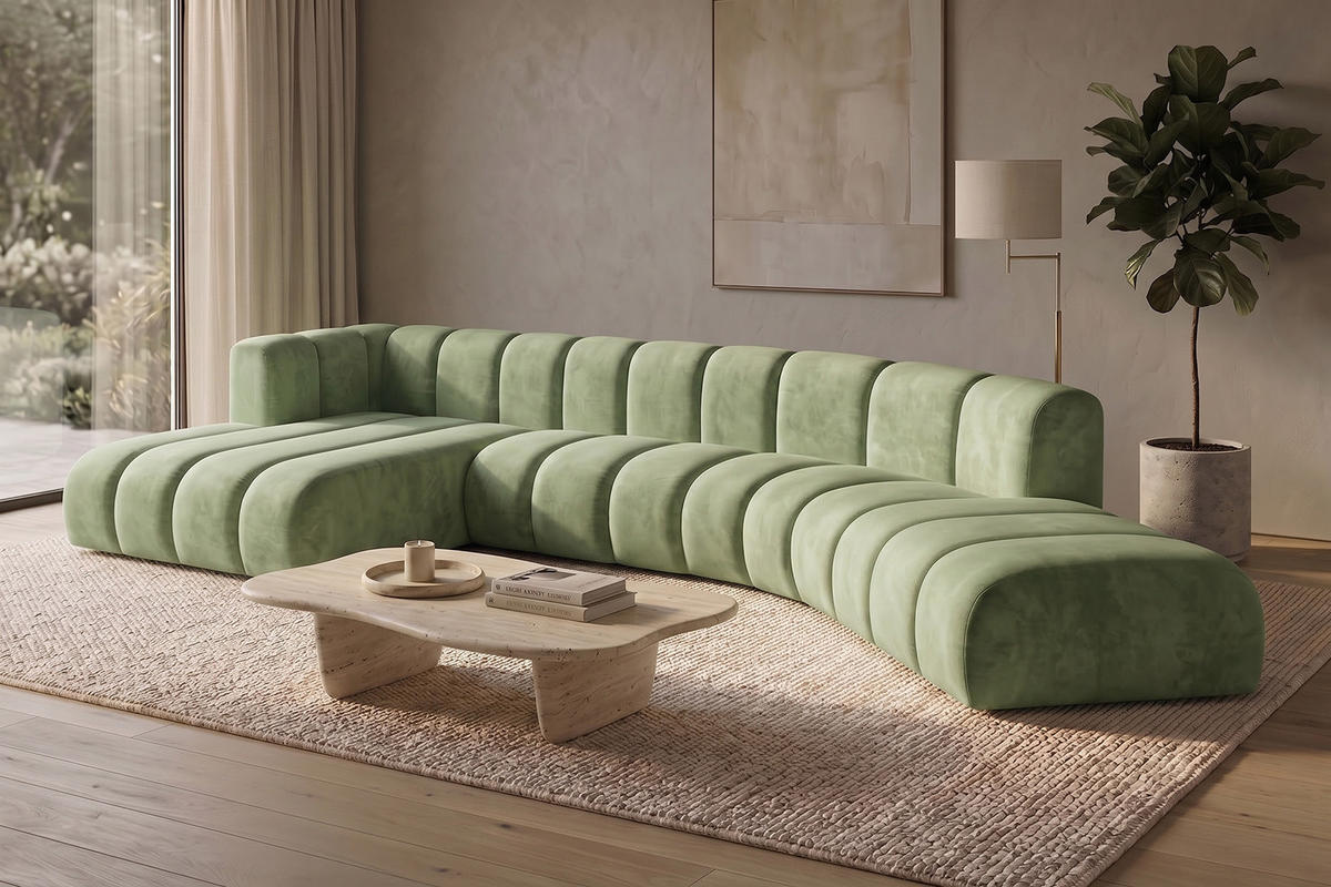 ECKSOFA Modulares In L-Form, Velvet-Stoff Riviera, Olive, Links, GRAND Round - Olivgrün, Holz (445/179cm) - Kaiser Möbel